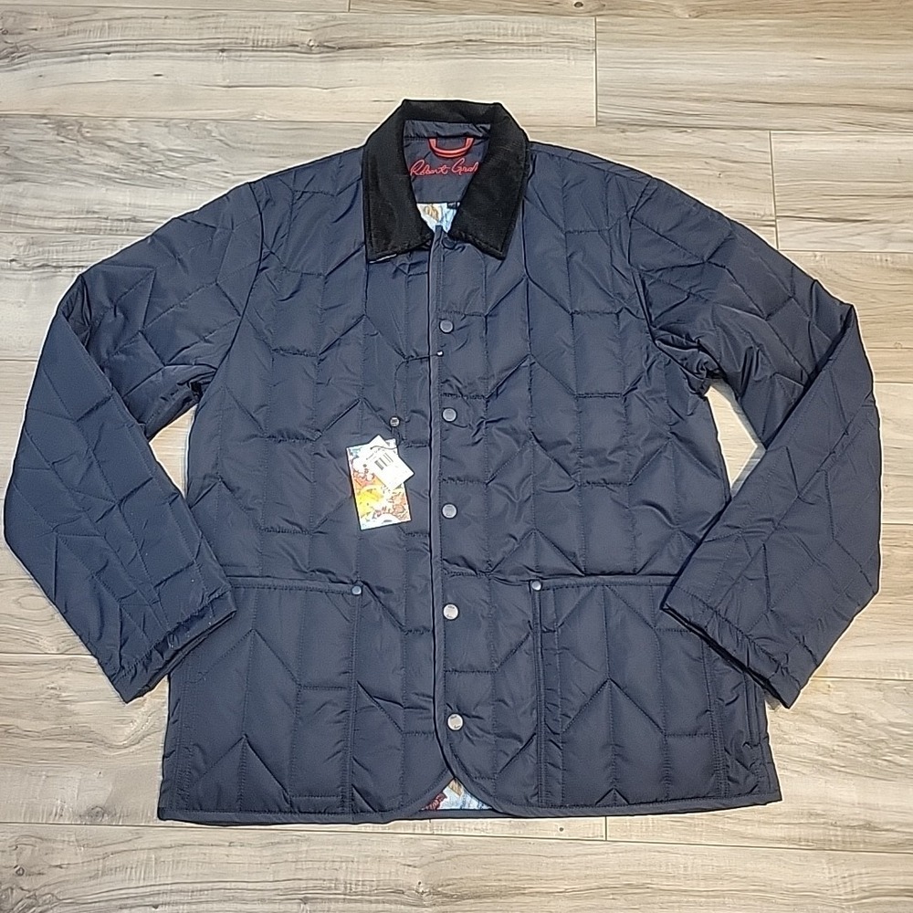 NWT Robert Graham Men's Large Blue Quilted Chore Utility Jacket Corduroy‎ Collar